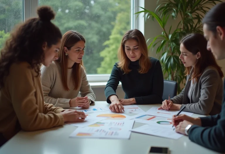 project managers sitting at a table reviewing metrics