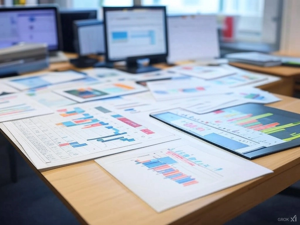 charts and graphs on a table with computer screens in the background