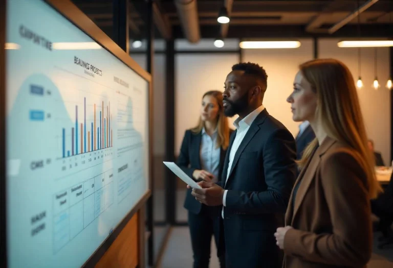 people looking at graphs on a screen