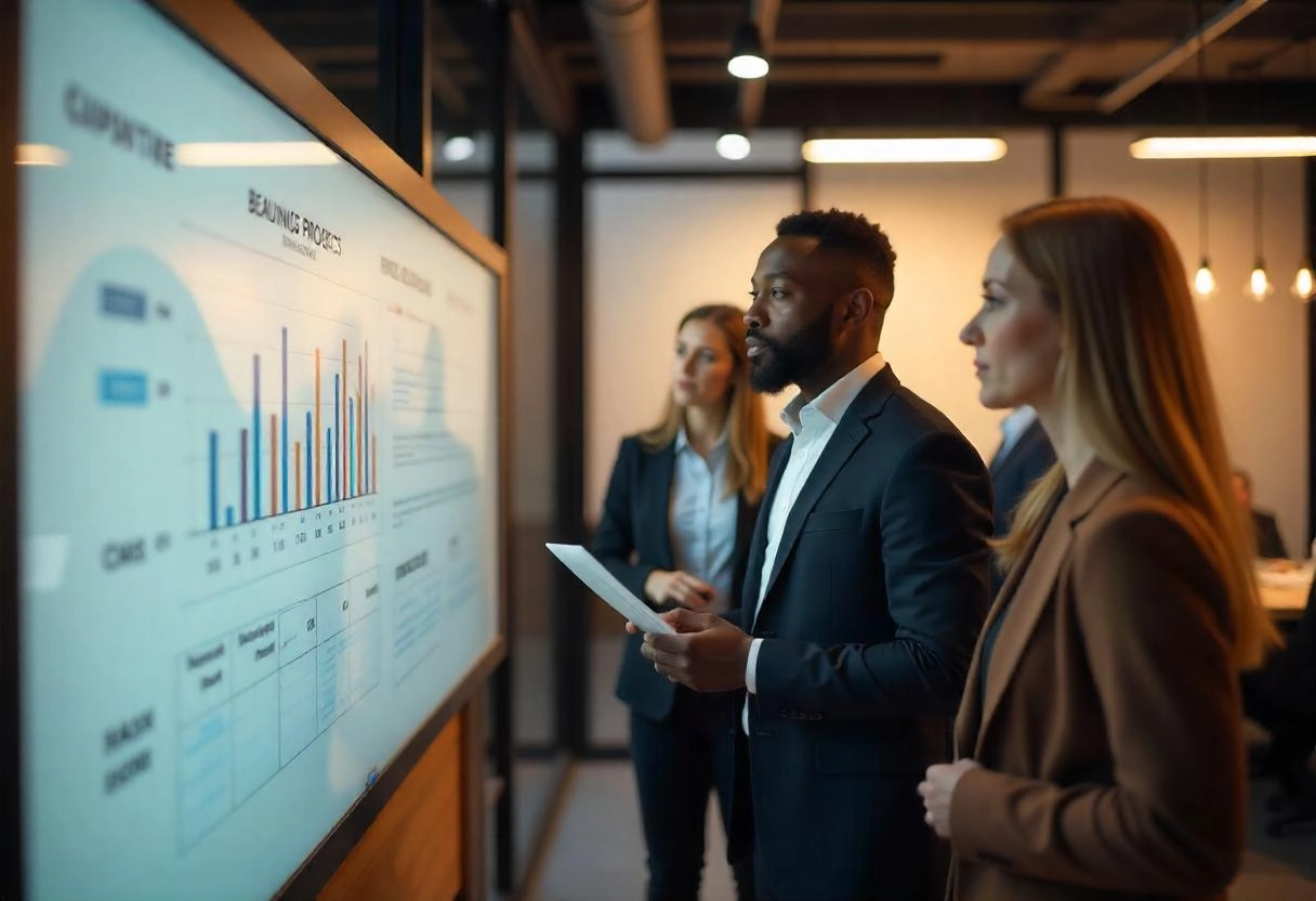 people looking at graphs on a screen