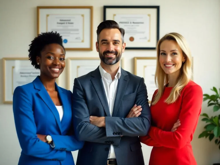 three people standing in front of certificates