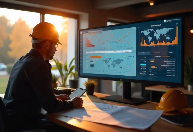 project manager sitting at table looking a grapes on a screen