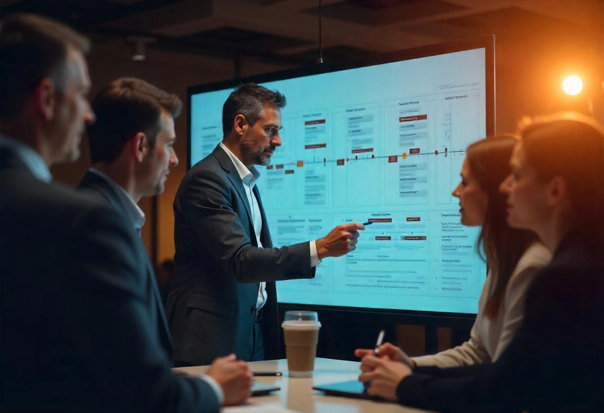 project managers discussing delegation on a chart